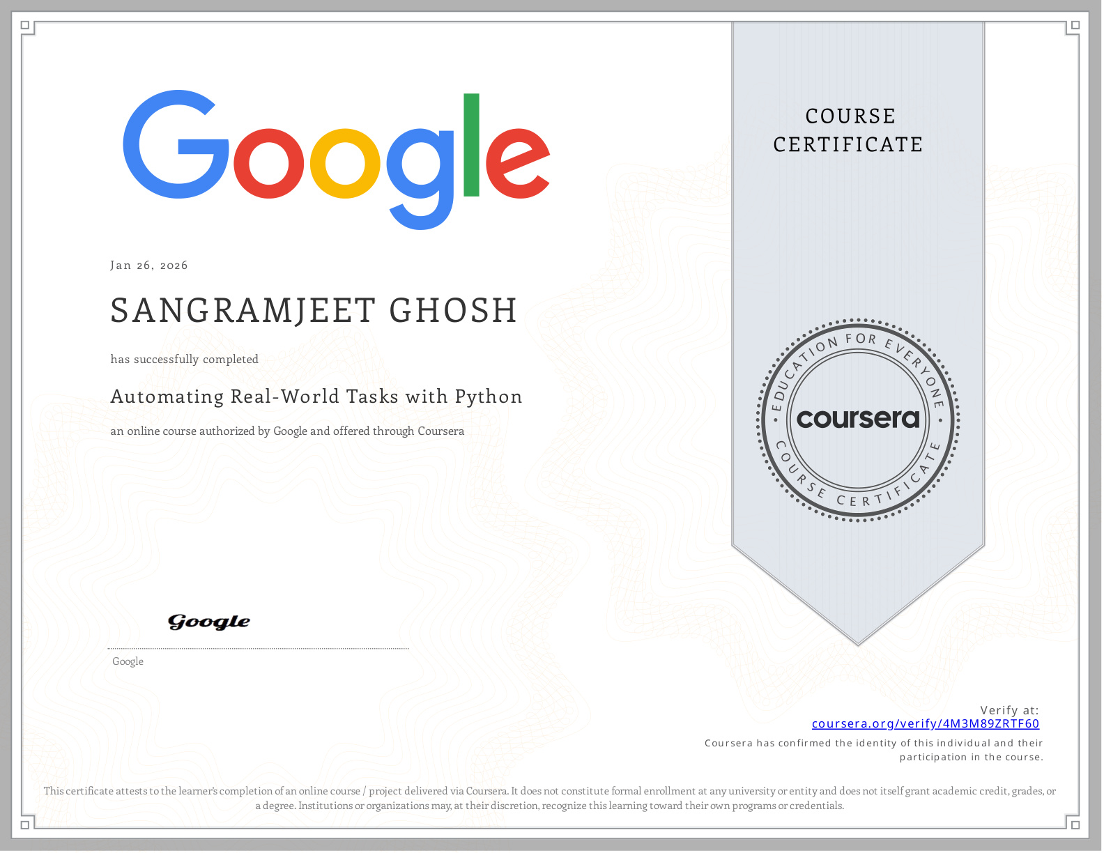 Coursera Certificate 4M3M89ZRTF60