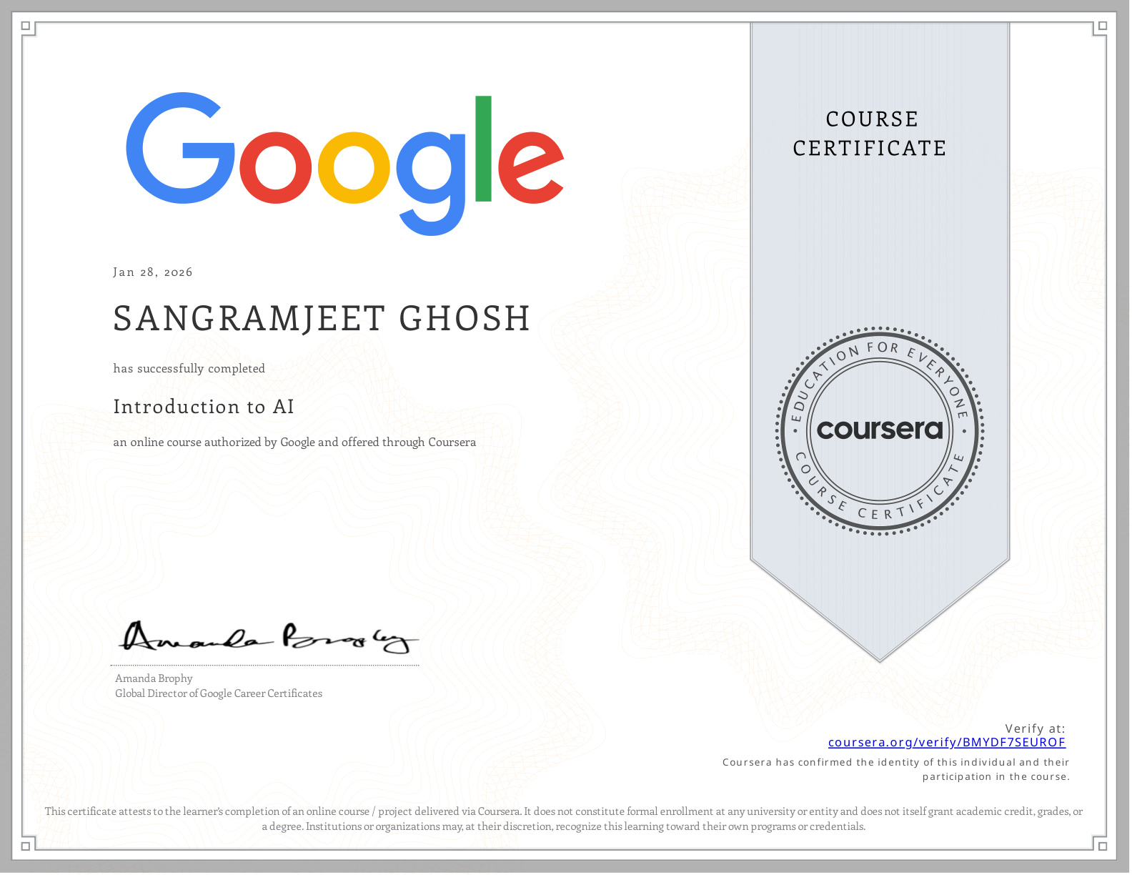 Coursera Certificate BMYDF7SEUROF