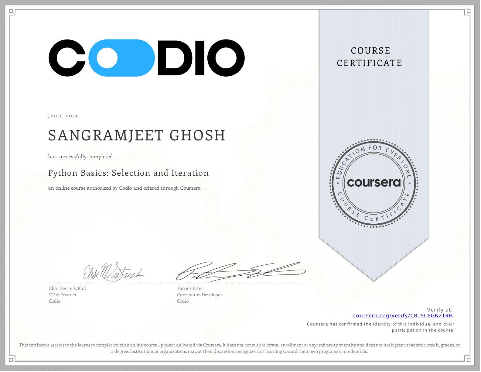 Coursera Certificate CBT5C6GNZTRH