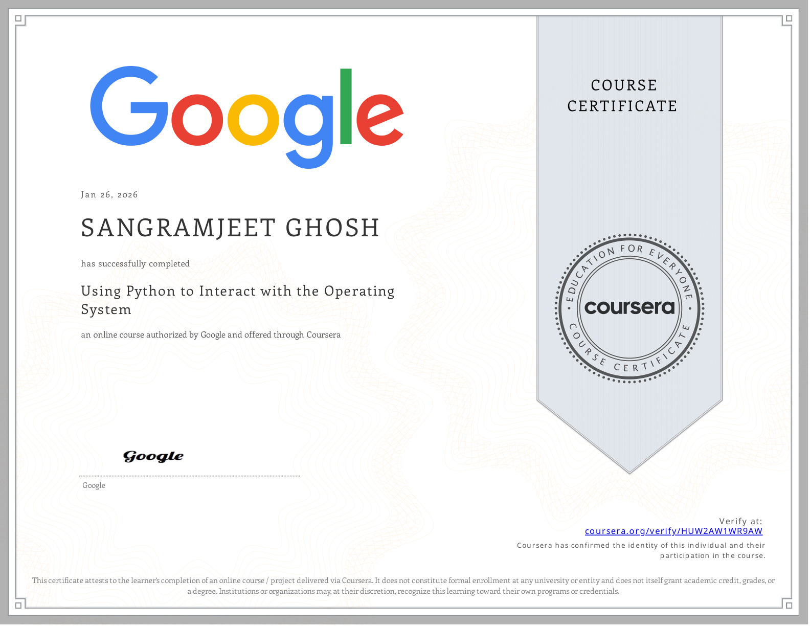 Coursera Certificate HUW2AW1WR9AW