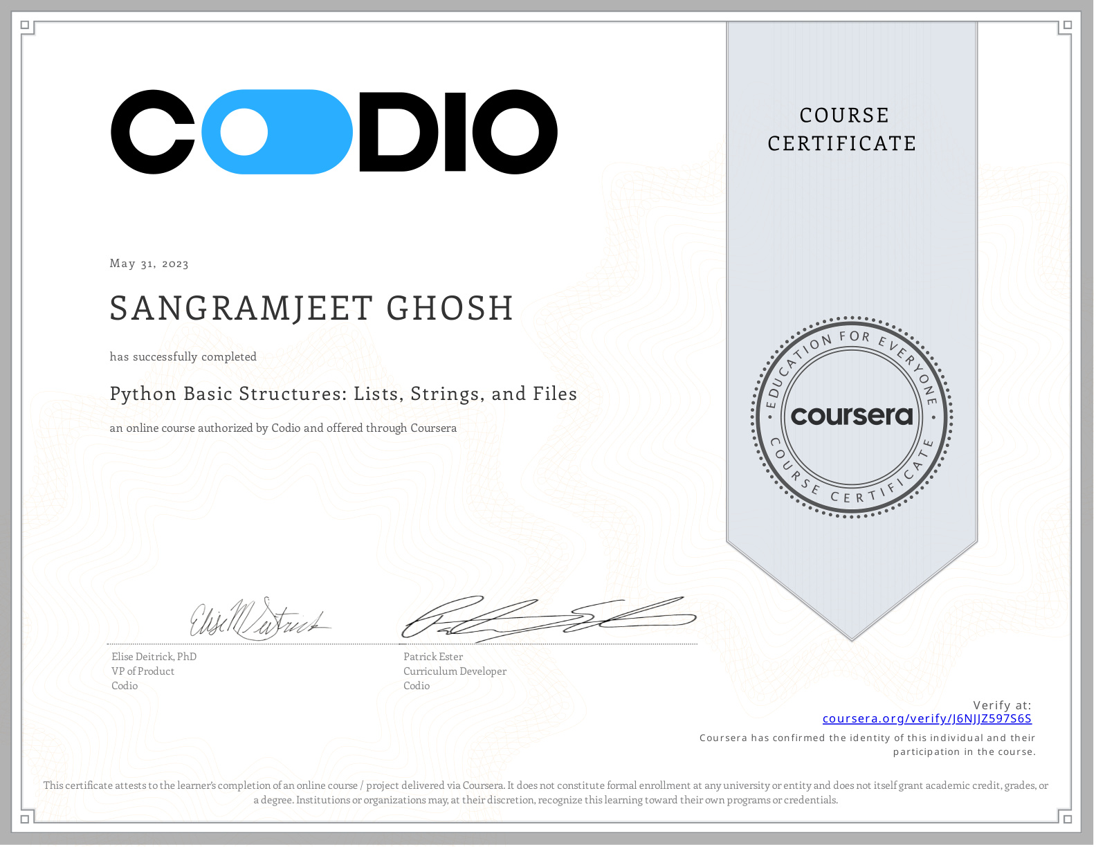 Coursera Certificate J6NJJZ597S6S